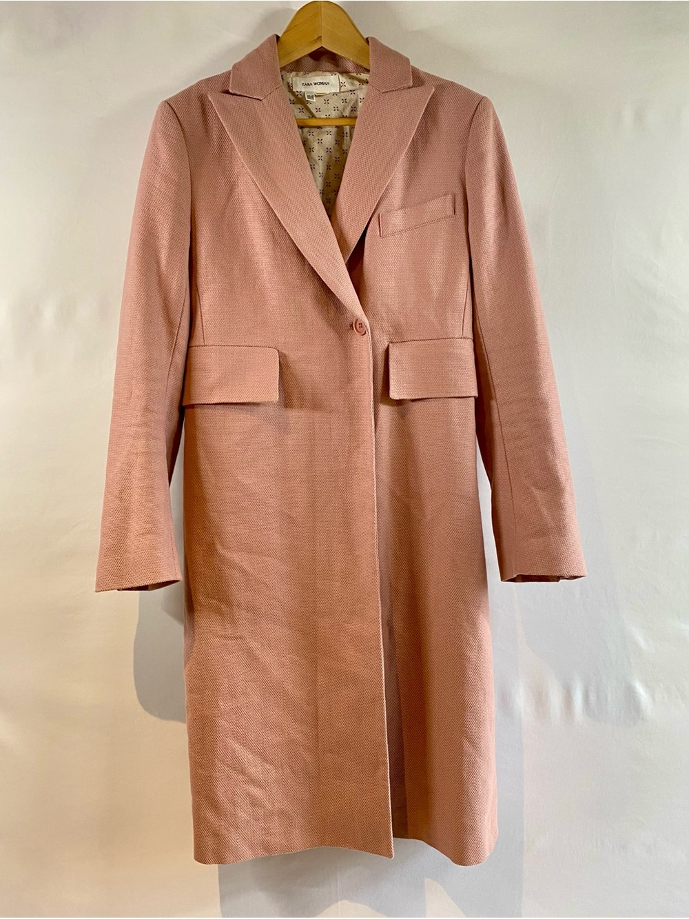 Zara Tailored Linen Blend Longline One Button Blush Pink Trench Coat, Size M